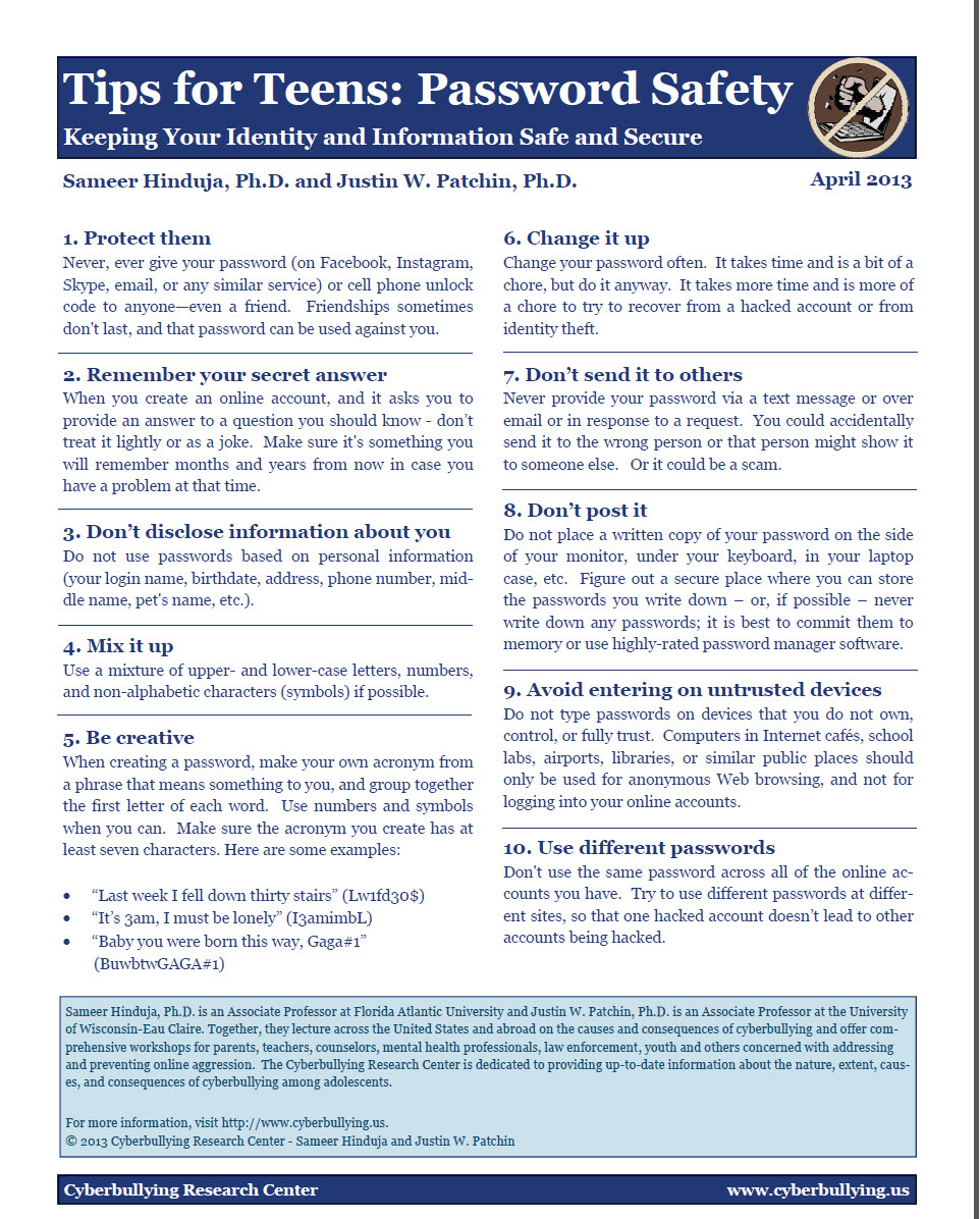 top_ten_teens_passwords_Full Cell Phone Safety: Top Ten Tips for Teens Cyberbullying Research Center image 1