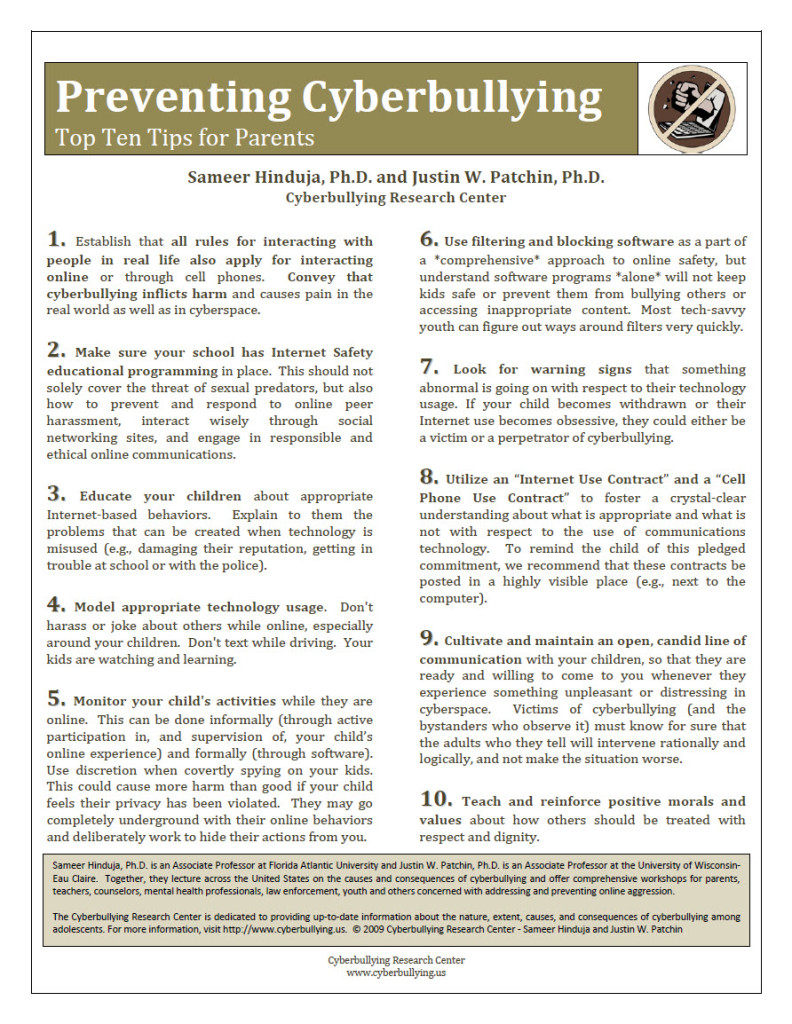 Preventing Cyberbullying: Top Ten Tips for Parents