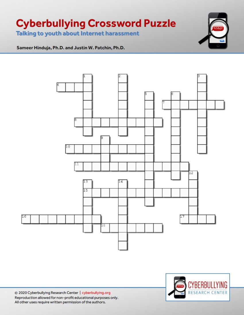 Cyberbullying Crossword Puzzle: Talking to Youth about Internet Harassment