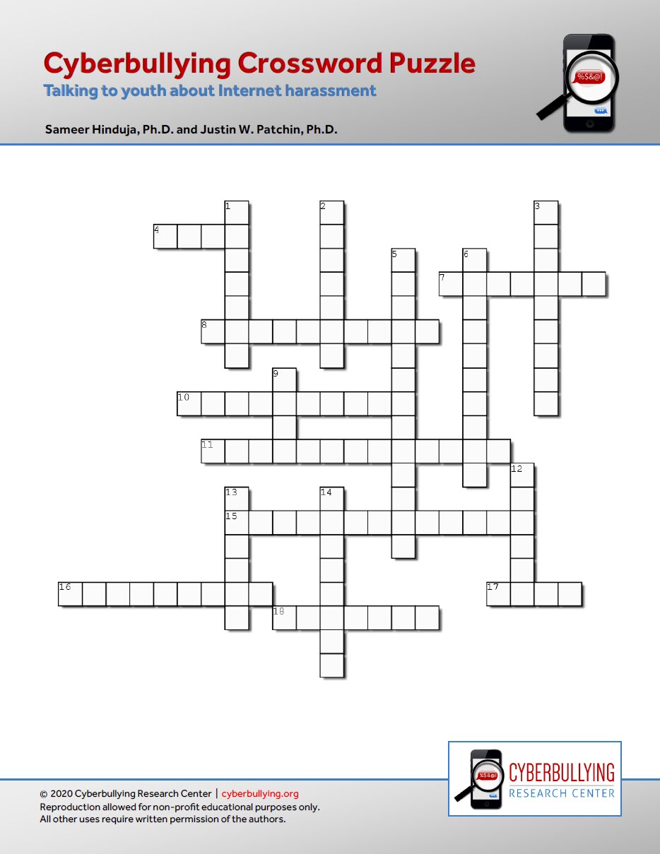 Cyberbullying Crossword Puzzle Talking to Youth about Harassment