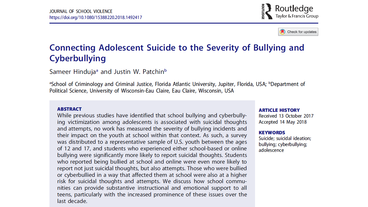 Bullying Cyberbullying And Suicide Among Us Youth Our Updated Research Findings Cyberbullying Research Center