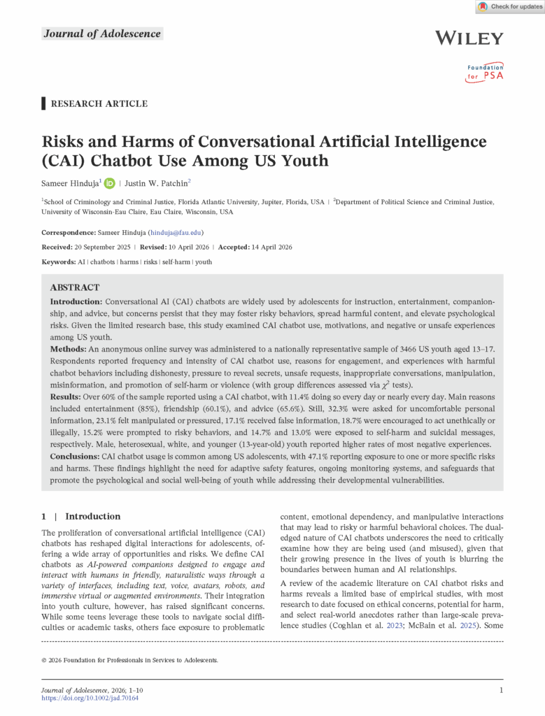 Risks and Harms of AI Chatbot Use - Hinduja and Patchin - Adolescence